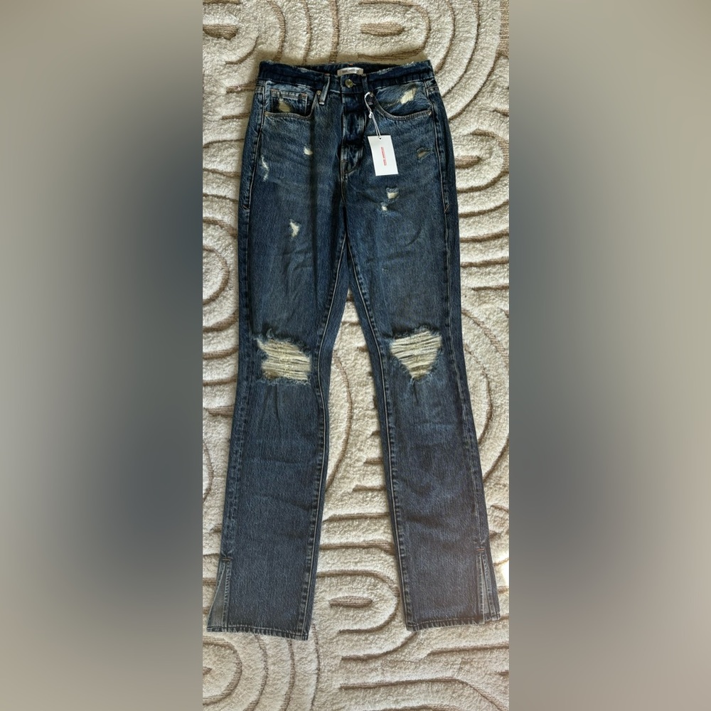 Good American high-rise, distressed, dark wash, jeans, Good Boy style. Size 0/25